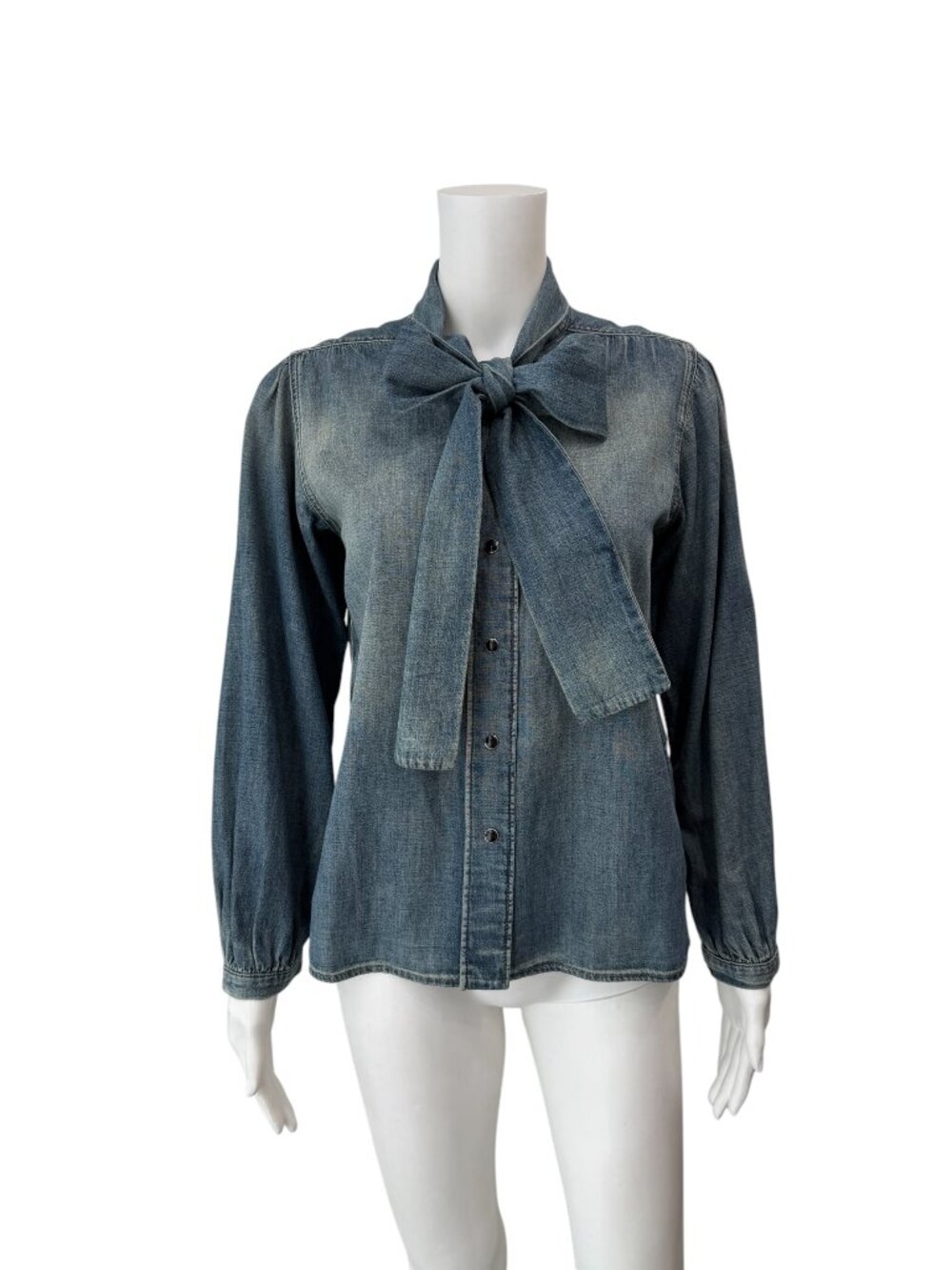 $1840 Saint Laurent 2019 Blue Denim Pussy Bow Neck Tie Blouse Shirt size Small